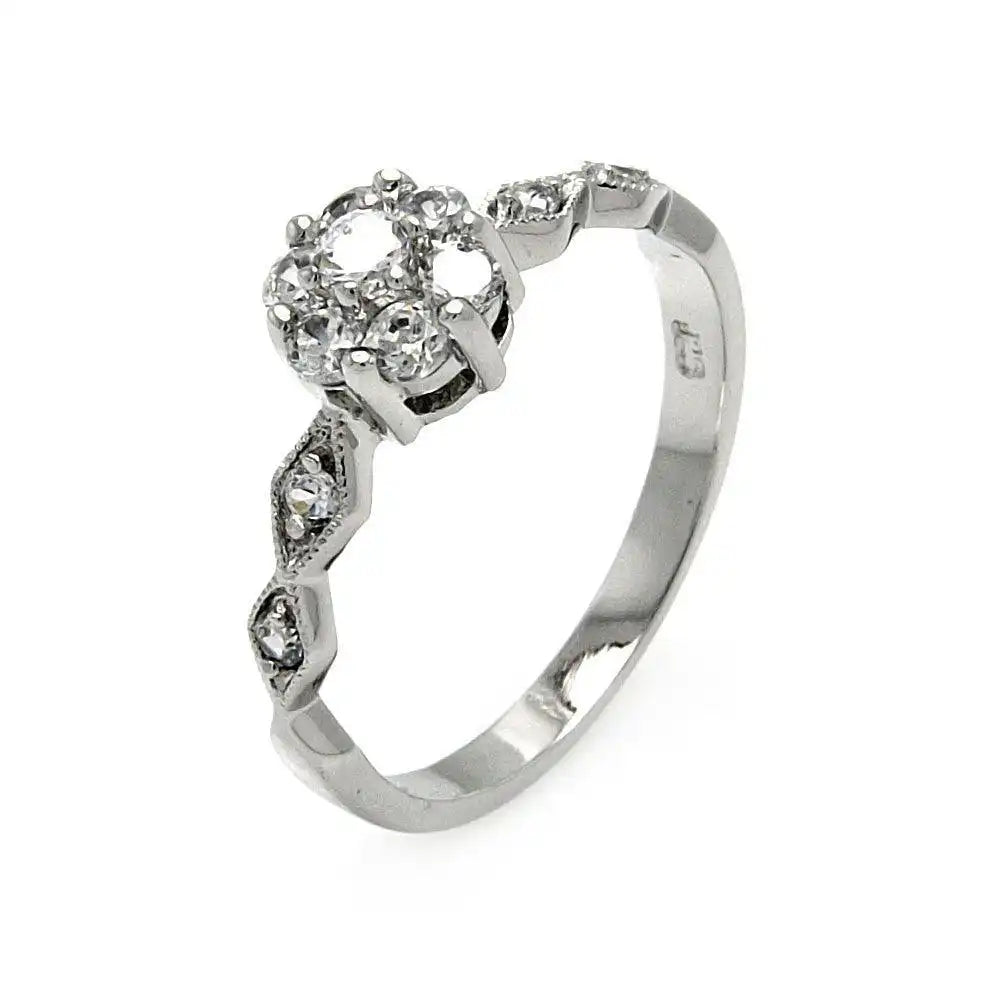 925 Sterling Silver Rhodium Plated Diamond Shaped Sides Clear CZ Flower Ring