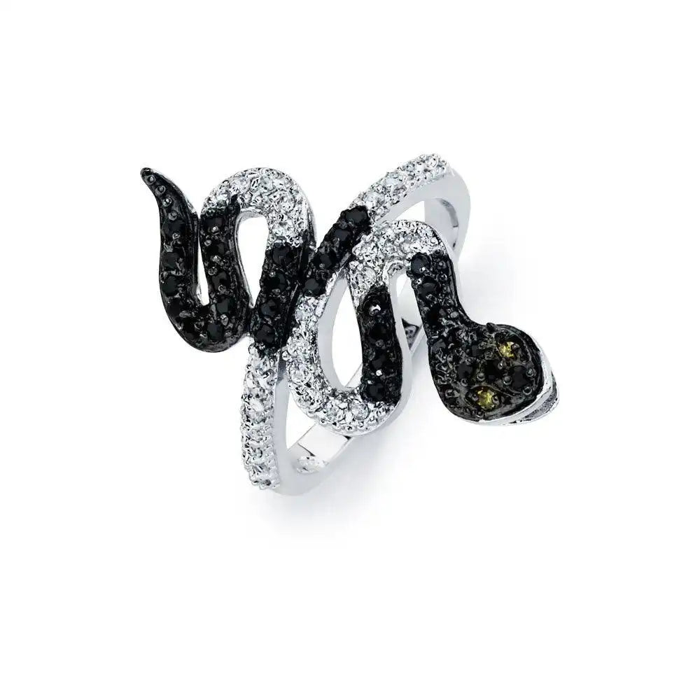 925 Sterling Silver Rhodium and Black Rhodium Plated 2 Toned Clear and Black CZ Snake Ring