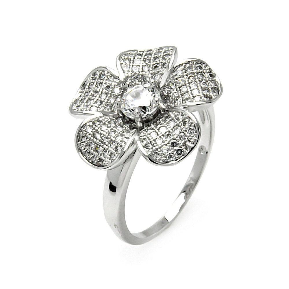 925 Silver Rhodium Plated Clear Micro Pave Set CZ Flower Ring