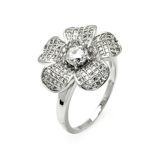 925 Silver Rhodium Plated Clear Micro Pave Set CZ Flower Ring