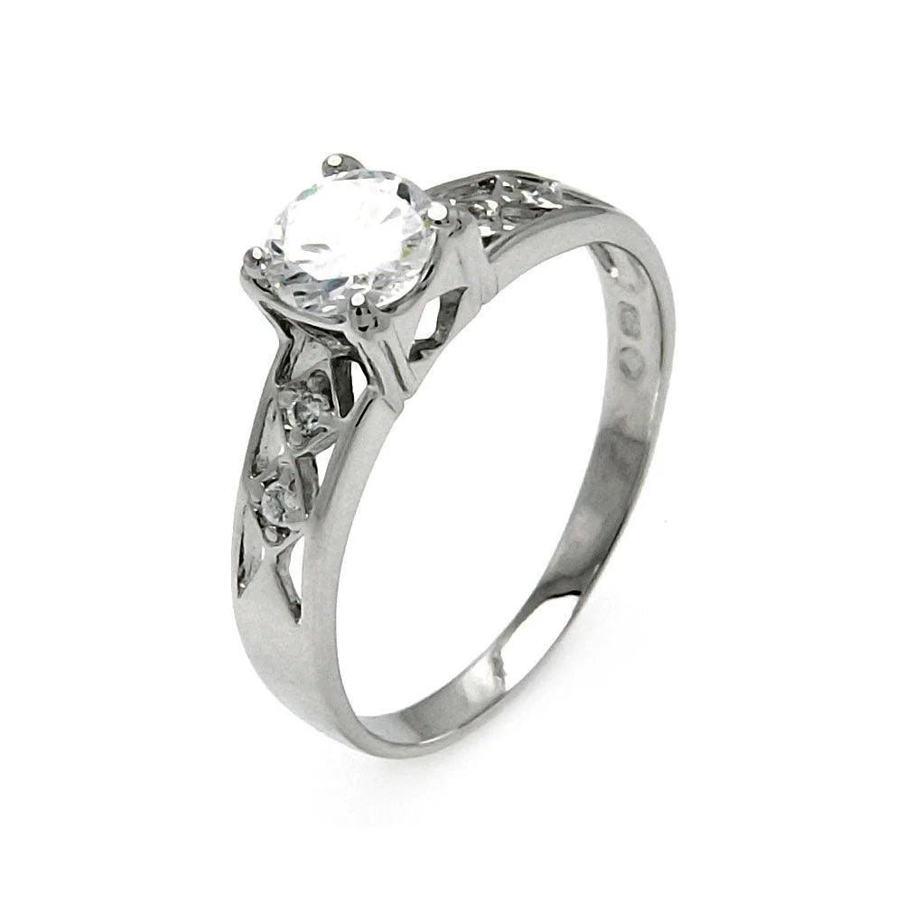 925 Silver Rhodium Plated Clear Round Center CZ Diamond Shaped Sides Bridal Ring