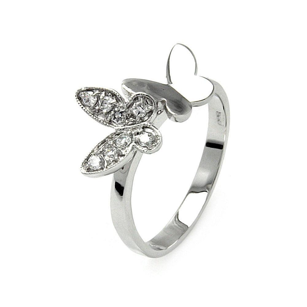 925 Silver Rhodium Plated Clear Pave Set CZ Double Butterfly Ring