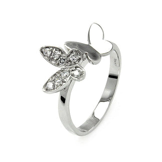 925 Silver Rhodium Plated Clear Pave Set CZ Double Butterfly Ring