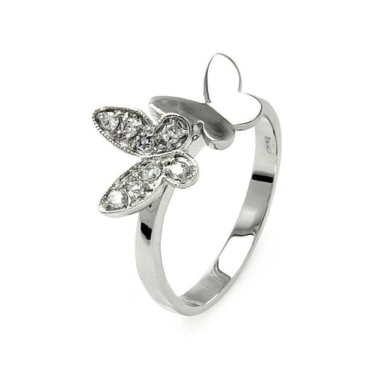 925 Silver Rhodium Plated Clear Pave Set CZ Double Butterfly Ring