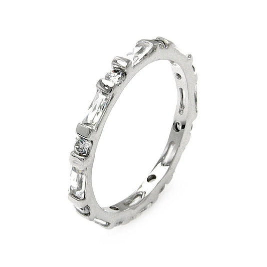 925 Silver Rhodium Plated Clear Round and Baguette CZ Stackable Eternity Ring