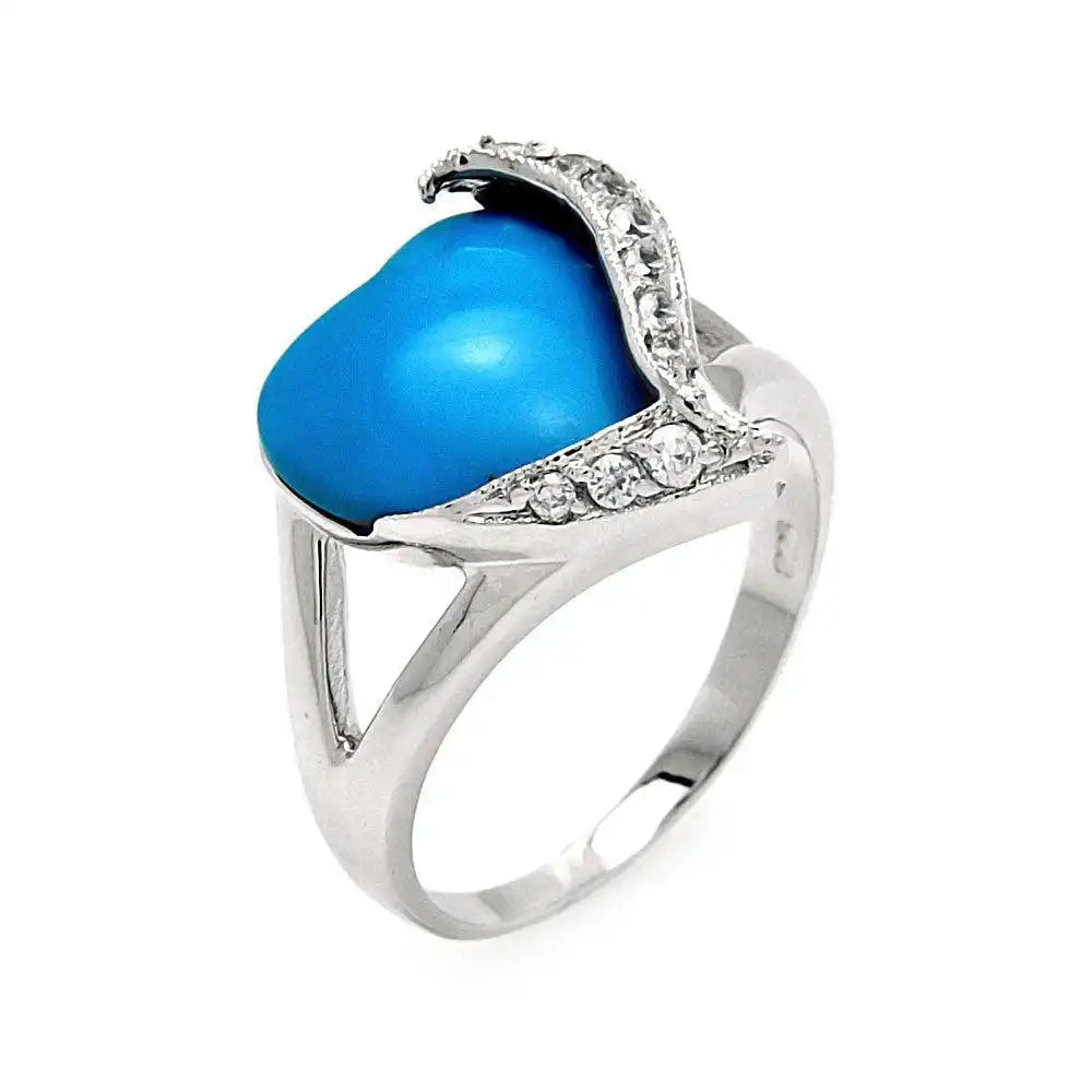 925 Sterling Silver Clearance Rhodium Plated Turquoise Center Clear CZ Heart Ring