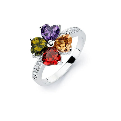 925 Sterling Silver Rhodium Plated Multi Colored CZ Flower Ring