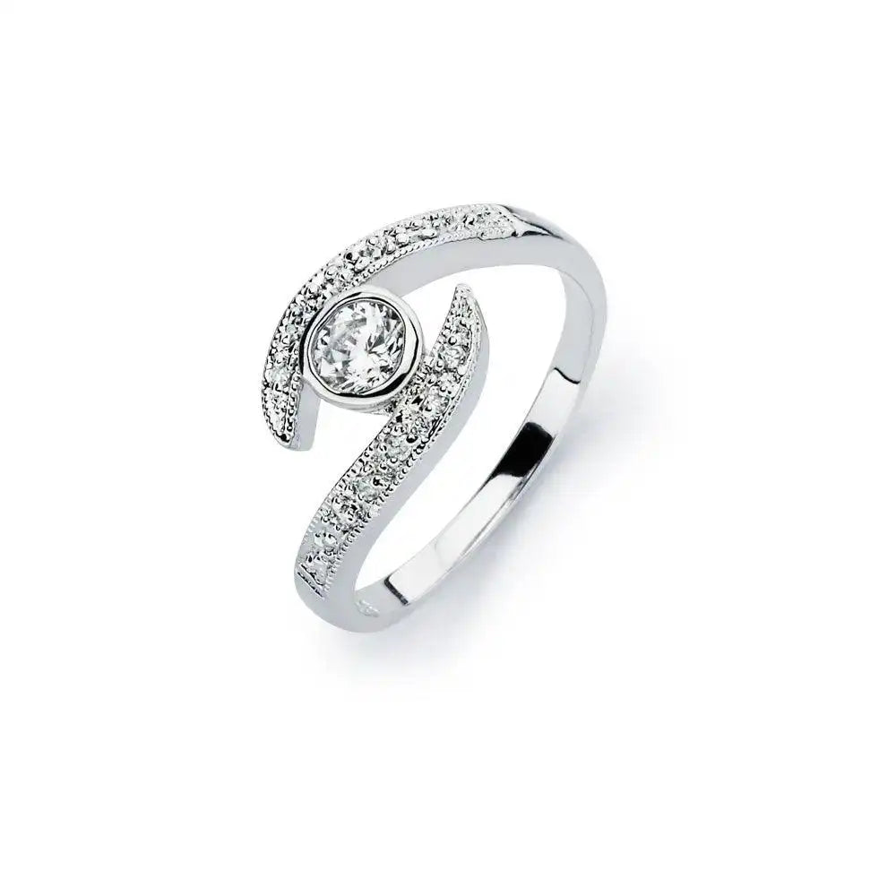 925 Sterling Silver Rhodium Plated Clear Round Cut Center CZ Bridal Ring