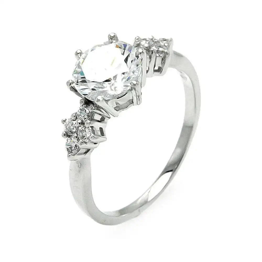 925 Sterling Silver Rhodium Plated Round Center Diamond Shaped Sides CZ Bridal Ring