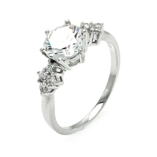 925 Sterling Silver Rhodium Plated Round Center Diamond Shaped Sides CZ Bridal Ring