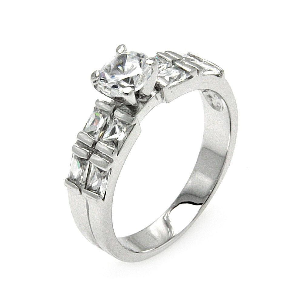 925 Silver Rhodium Plated Clear Round Center Square Side Rows CZ Bridal Ring