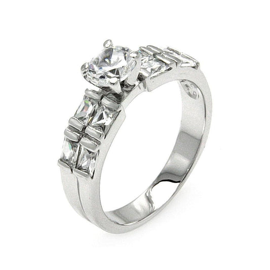 925 Silver Rhodium Plated Clear Round Center Square Side Rows CZ Bridal Ring