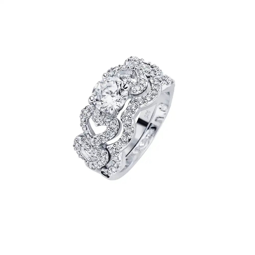 925 Sterling Silver Rhodium Plated Round Clear Center CZ Heart Bridal Ring