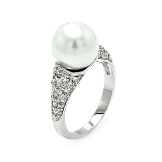 925 Silver Rhodium Plated Pearl Center Clear Pave Set CZ Ring