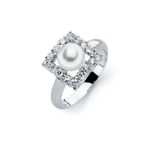 925 Silver Rhodium Plated Fresh Water Pearl Center Clear Square CZ Ring