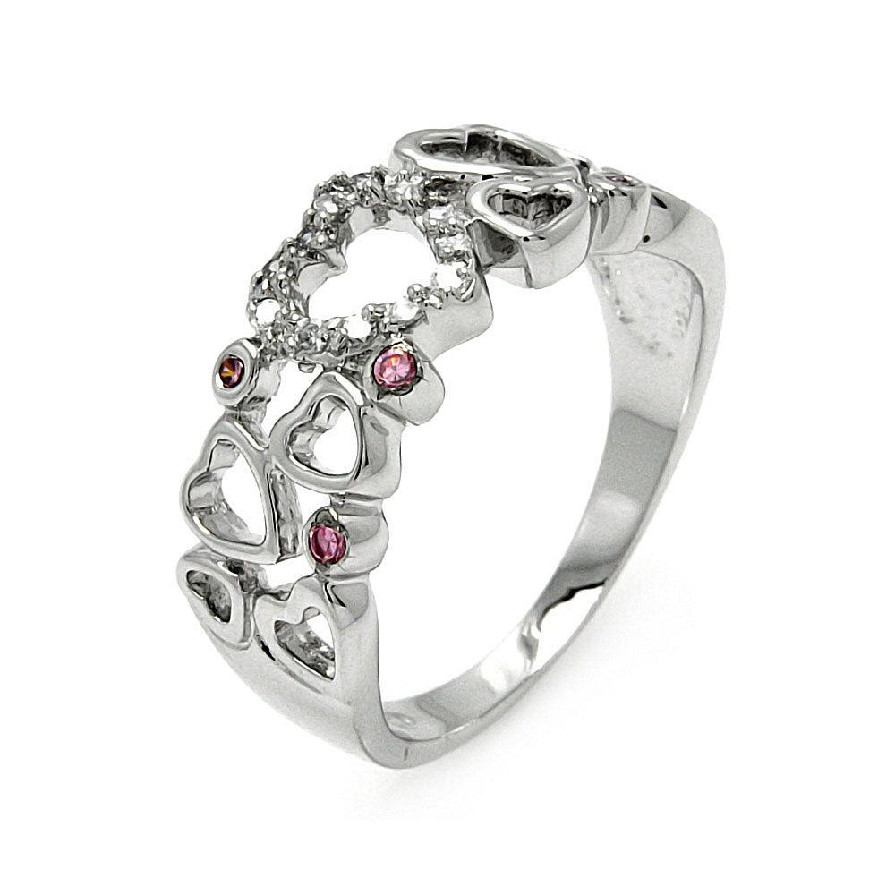 925 Silver Rhodium Plated Clear and Pink CZ Multi Heart Ring