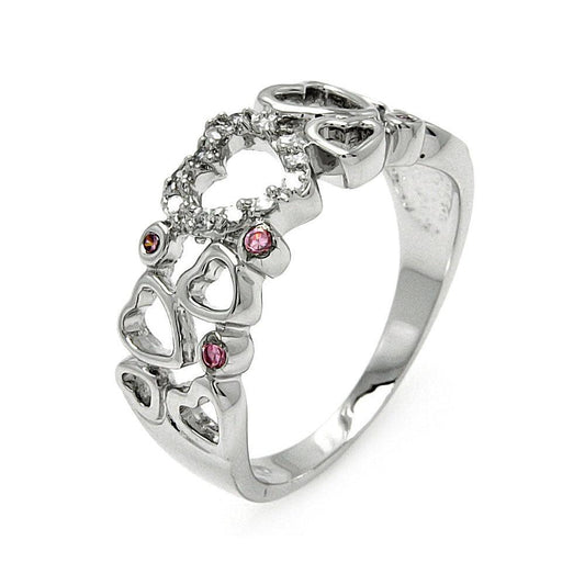 925 Silver Rhodium Plated Clear and Pink CZ Multi Heart Ring