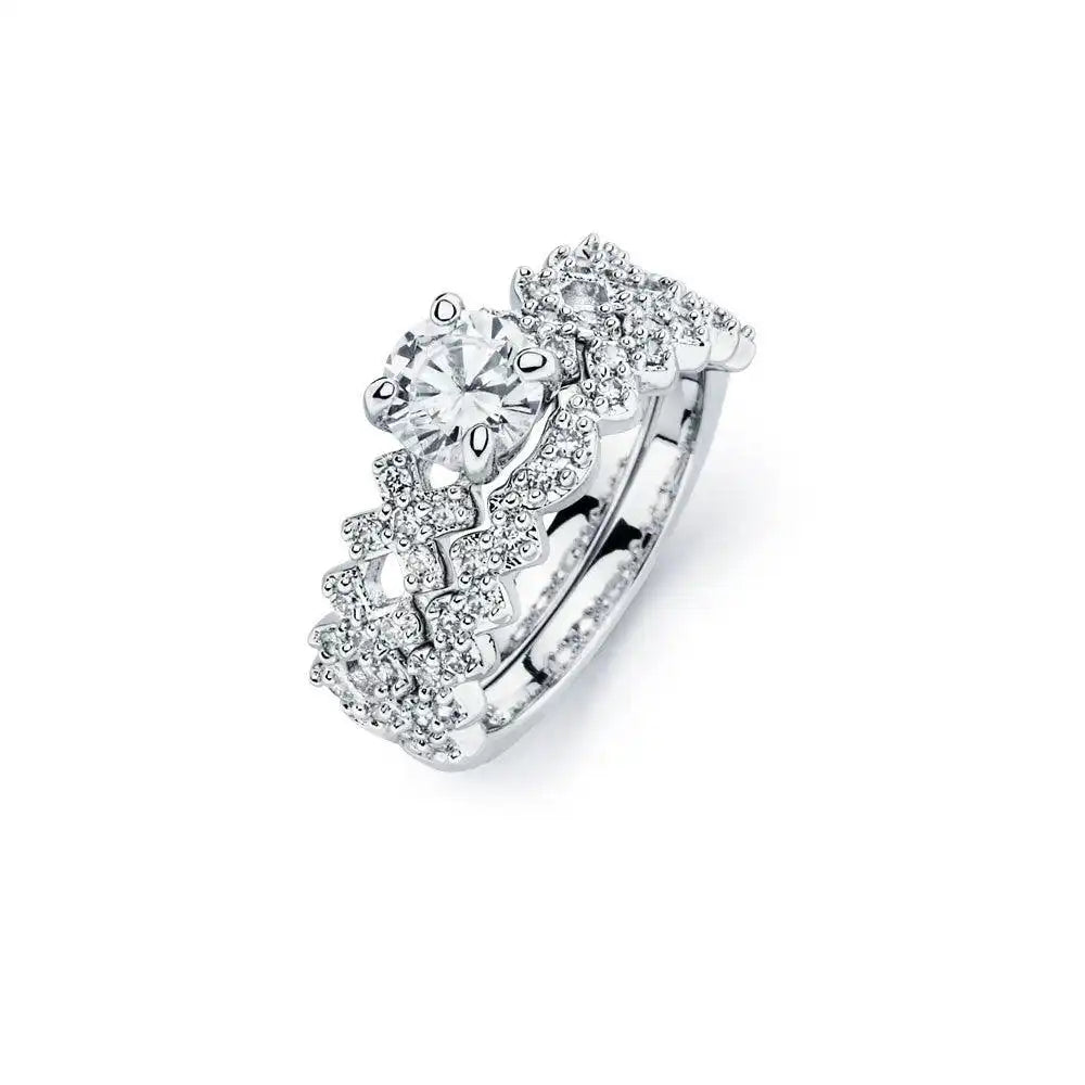 925 Sterling Silver Rhodium Plated Clear CZ Ornate Bridal Engagement Ring