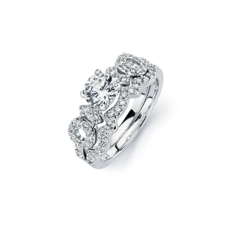 925 Silver Rhodium Plated Clear Round Center CZ Bridal Engagement Ring Set