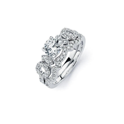 925 Silver Rhodium Plated Clear Round Center CZ Bridal Engagement Ring Set