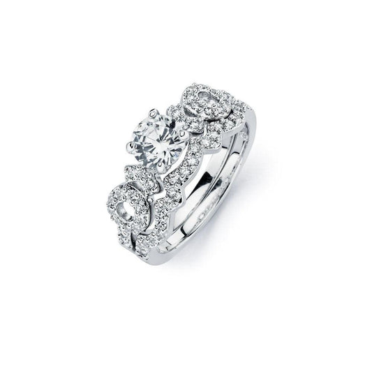 925 Silver Rhodium Plated Clear Round Center CZ Bridal Engagement Ring Set
