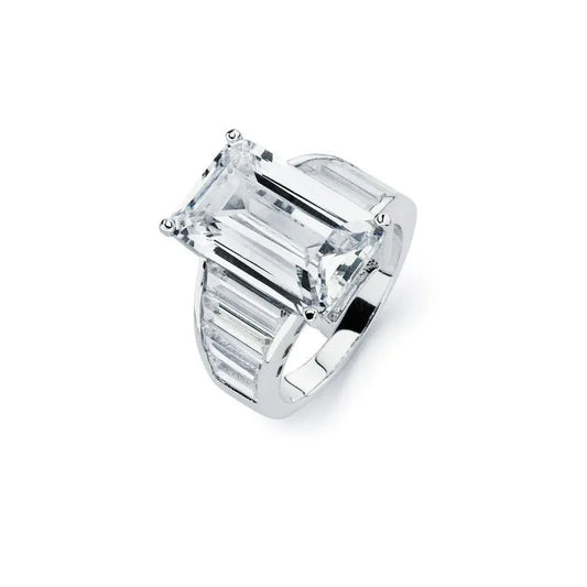 925 Silver  hodium Plated Clear Baguette CZ Rectangular Bridal Ring