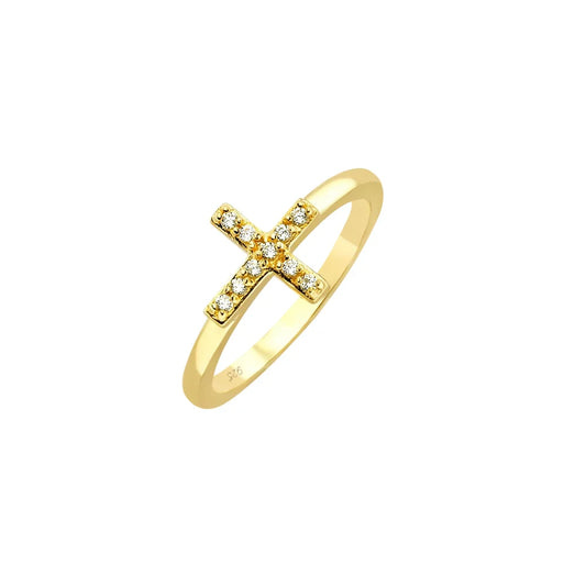 925 Sterling Silver Gold Plated Clear CZ Mini Cross Ring