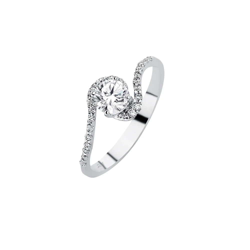 925 Sterling Silver Rhodium Plated Clear Pave Set Round Center CZ Twist Bridal Ring