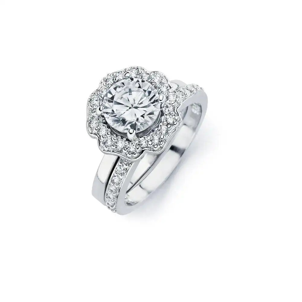 925 Sterling Silver Rhodium Plated Clear CZ Flower Engagement Ring Set