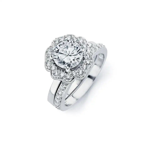 925 Sterling Silver Rhodium Plated Clear CZ Flower Engagement Ring Set