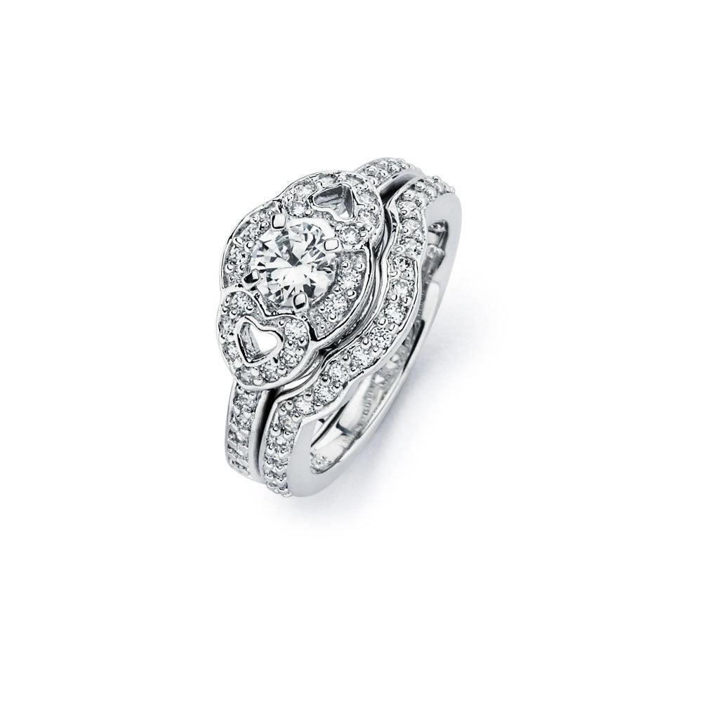 925 Silver Rhodium Plated Clear CZ Heart Engagement Ring Set