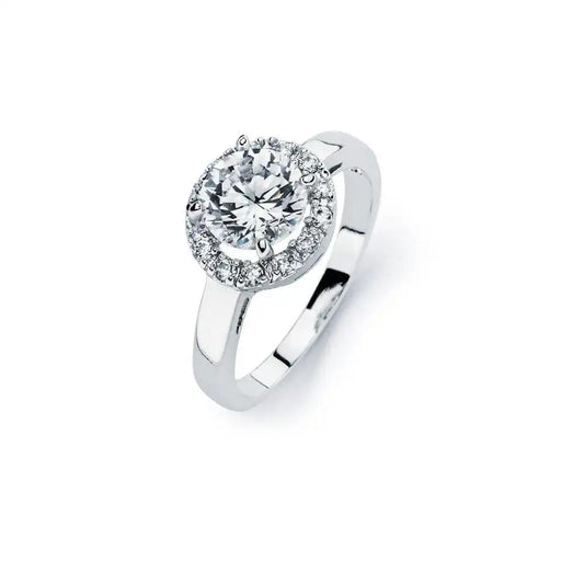 925 Sterling Silver Rhodium Plated Clear Round Center Cluster CZ Bridal Ring