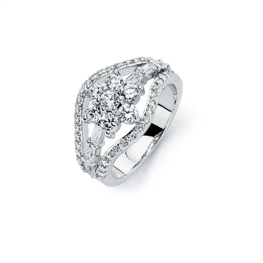 925 Sterling Silver Rhodium Plated Clear CZ Flower Ring
