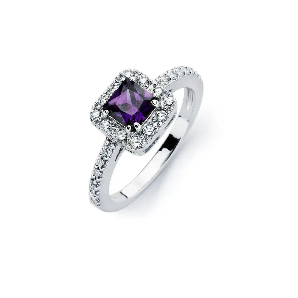 925 Sterling Silver Rhodium Plated Clear Micro Pave Set and Square Purple Center CZ Bridal Ring