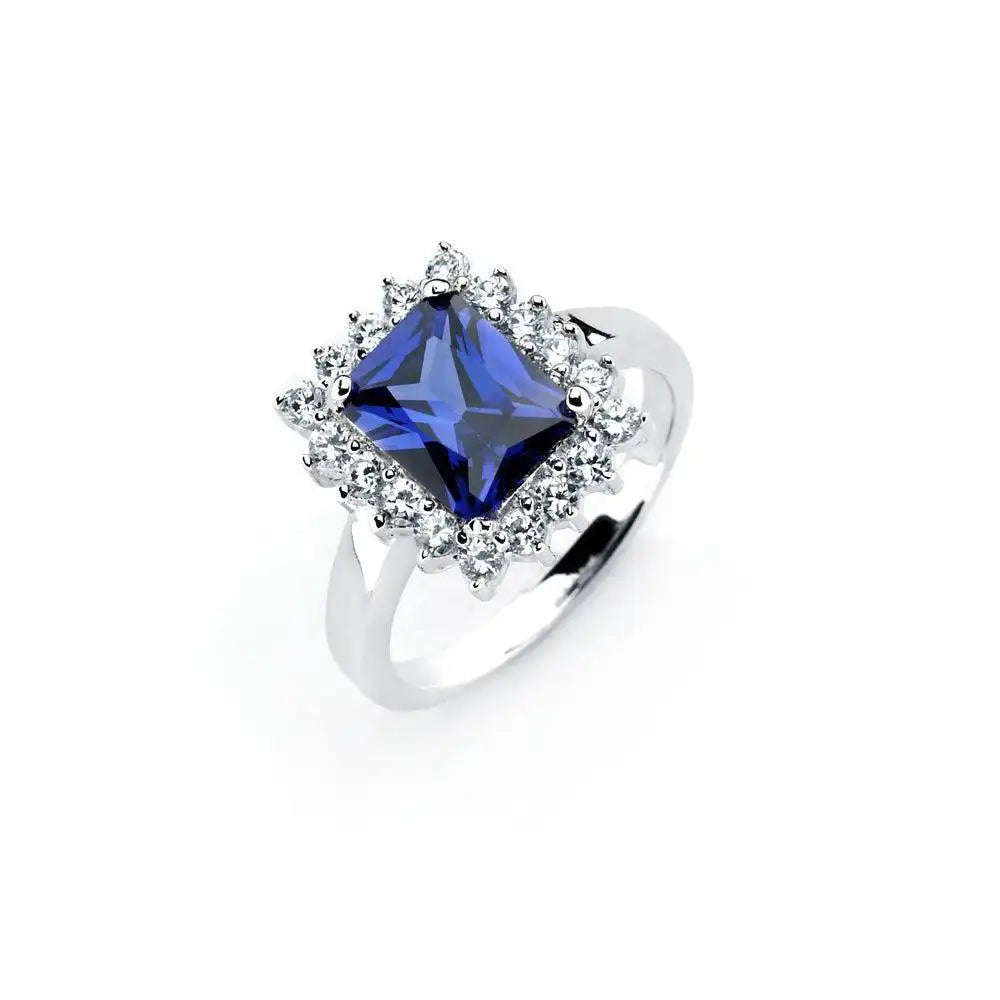 925 Sterling Silver Rhodium Plated Rectangular Blue Center and Clear Cluster CZ Ring