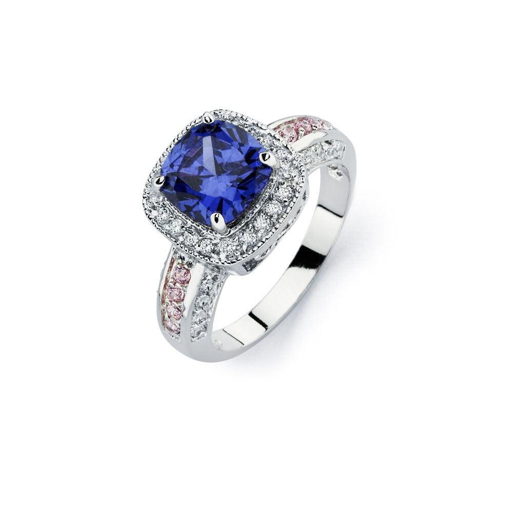 925 Silver Rhodium Plated Blue Square Center and Clear Cluster CZ Bridal Ring