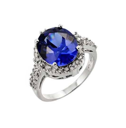 925 Silver Rhodium Plated Blue Oval and Clear Inlay CZ Bridal Ring