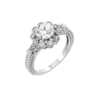 925 Sterling Silver Rhodium Plated Clear CZ Bridal Flower Ring
