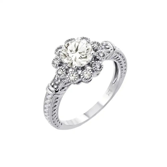 925 Sterling Silver Rhodium Plated Clear CZ Bridal Flower Ring