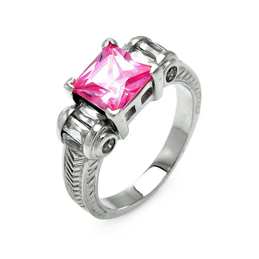 925 Sterling Silver Clearance Rhodium Plated Pink Princess Cut CZ Ring