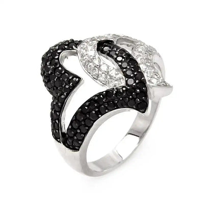 925 Sterling Silver Clearance Rhodium and Black Rhodium Plated Intertwined Black and Clear CZ Heart Ring