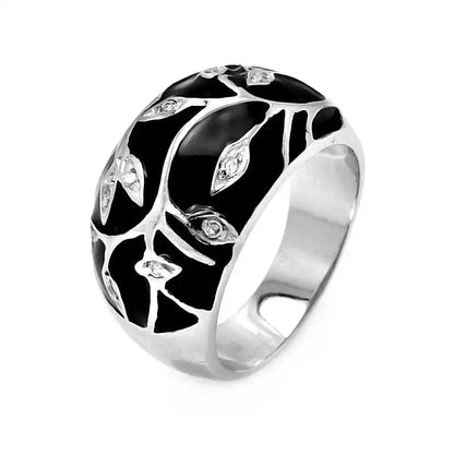 925 Sterling Silver Clearance Rhodium Plated Black Enamel CZ Leaf Ring