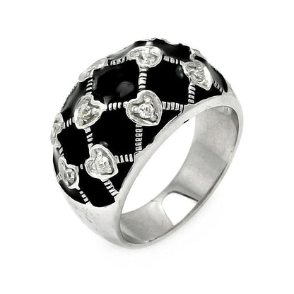 925 Silver Clearance-Rhodium Plated Black Enamel Criss Crossing CZ Heart Ring