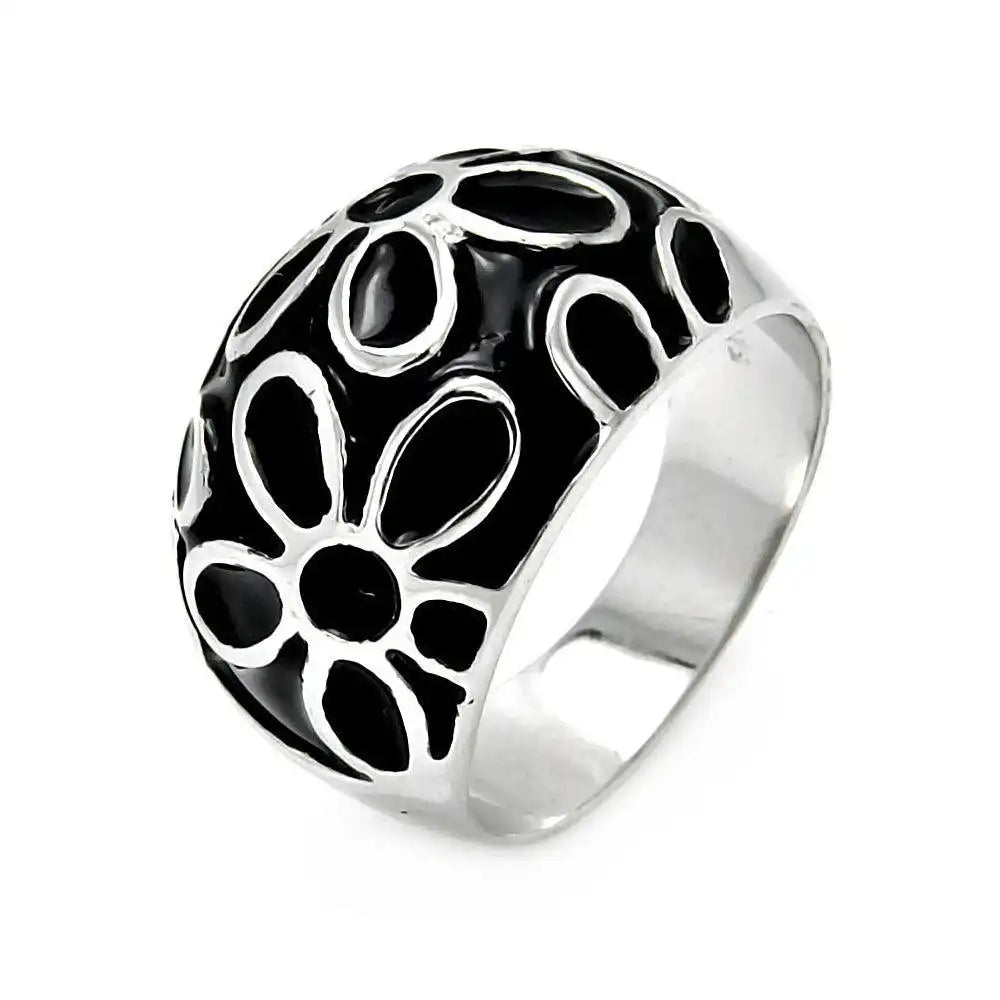 925 Sterling Silver Clearance Rhodium Plated Black Enamel Flower Ring