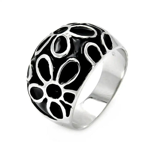 925 Sterling Silver Clearance Rhodium Plated Black Enamel Flower Ring