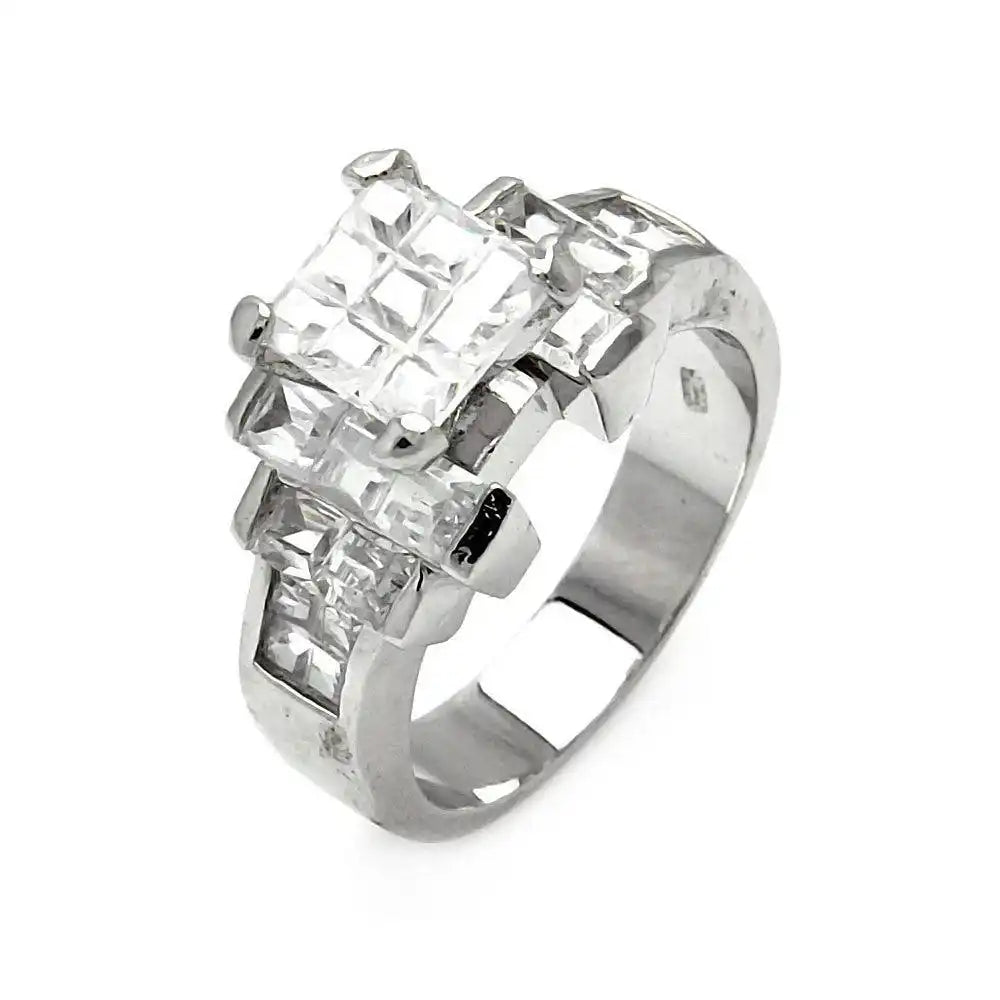 925 Sterling Silver Clearance Rhodium Plated Diamond Cut CZ Ring