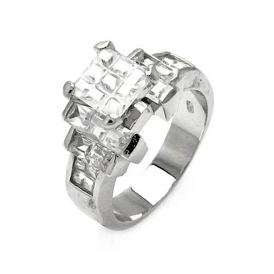 925 Sterling Silver Clearance Rhodium Plated Diamond Cut CZ Ring