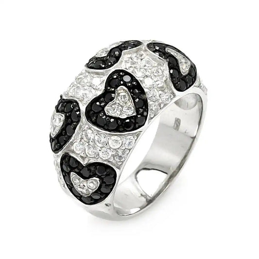 925 Sterling Silver Clearance Rhodium and Black Rhodium Plated Clear and Black CZ Heart Ring