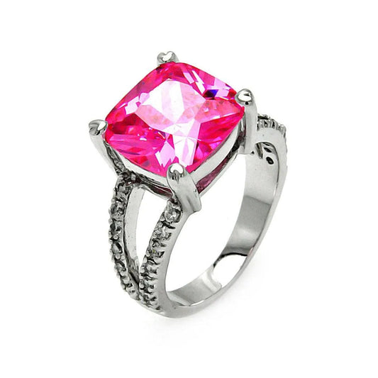 925 Sterling Silver Clearance Rhodium Plated Pink Square CZ Ring