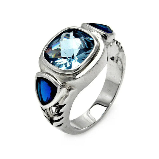 925 Sterling Silver Clearance Rhodium Plated Square Blue Cushion Cut Triangular CZ Ring
